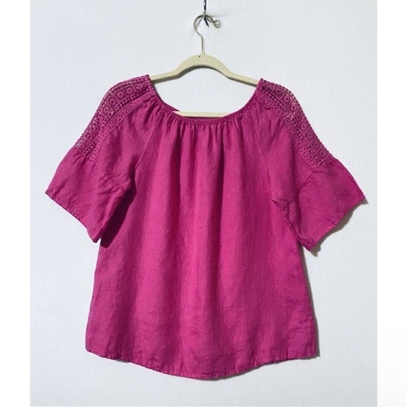 Terzo Millennio Top Womens Small Off the Shoulder Crochet Sleeve Pink Linen Boho - Picture 4 of 7